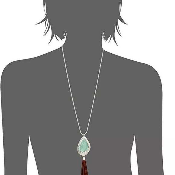 The Sak Silver Aqua Stone & Tassel Pendant Necklace NWT 28" - Picture 2 of 4